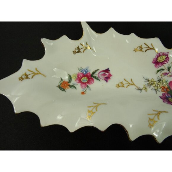 Vintage Dresden Style Leaf Dish Lot of 2 Hand Painted Floral Flowers Gold Trim - Picture 6 of 16